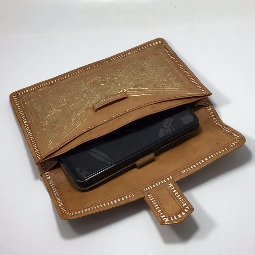 Vintage Moroccan Hand-Tooled Tooled Leather Gold Leaf Clutch & Wallet.